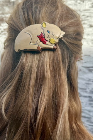 Vintage Painted Wood Pig Barrette Selected by Personal Choice