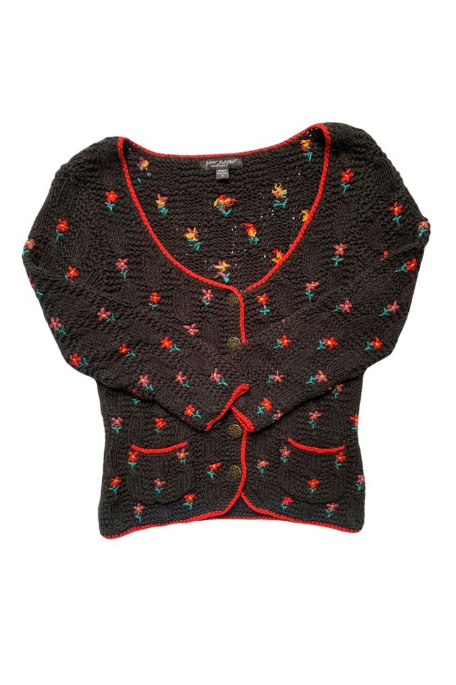 Vintage Betsey Johnson Floral Knit Sweetheart Neckline Cardigan