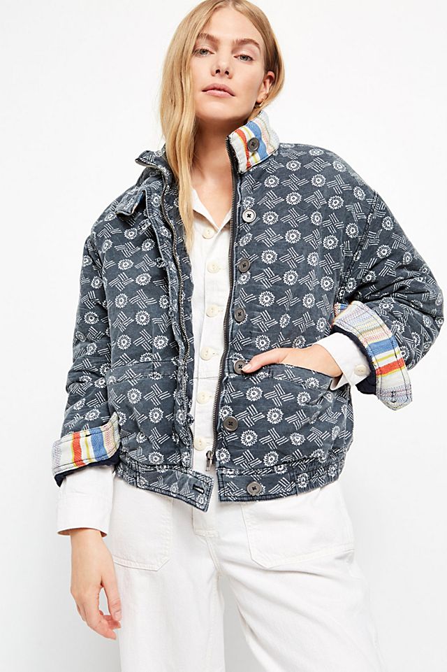 Details about   $198 NWT FREE PEOPLE SzXS MACKENZIE QUILTED BOMBER JACKET INDIGO COMBO 