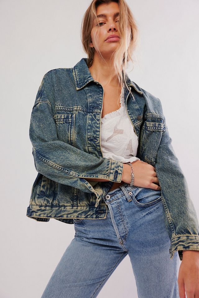 Free People Opal Swing Print Point Collar Long Sleeve Denim Jacket