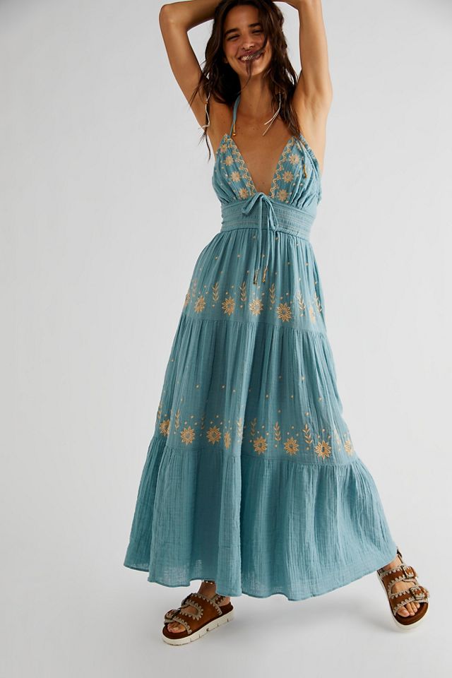 Free people 2025 blue embroidered dress