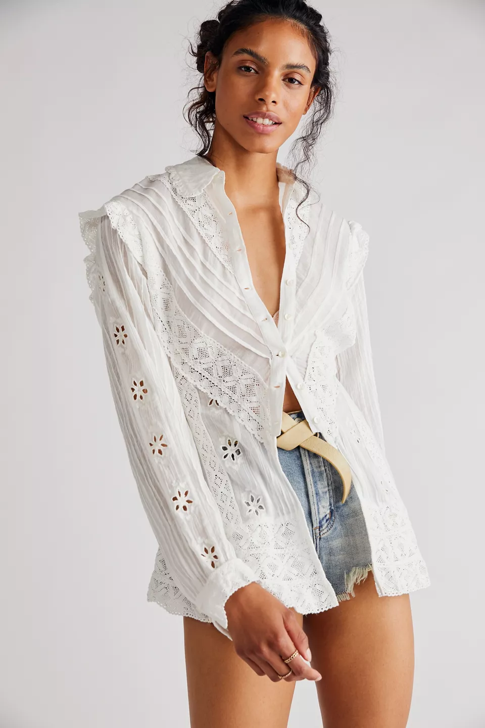 White ruffle button down