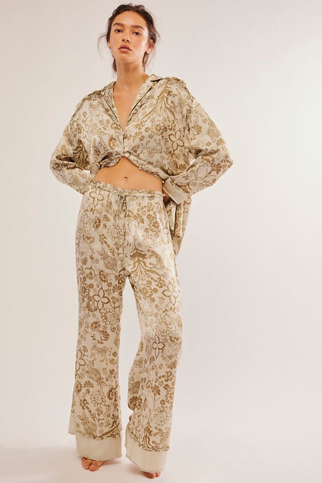 𝓯𝓹 Free People ~ Chasing Love Ruffle Satin Pajamas in Precious Wine