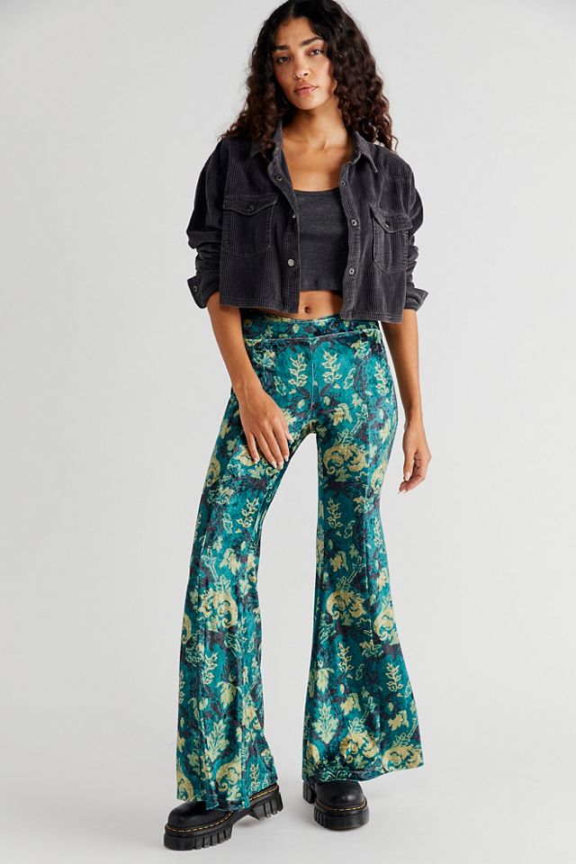 Free People Flare Pants Womens Size Medium Green Floral Full Length Bell  Bottom