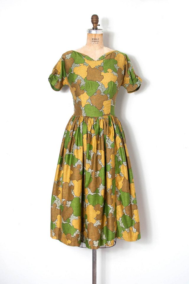 Vintage 1950s Floral Leaf Print Cotton Dress Selected by