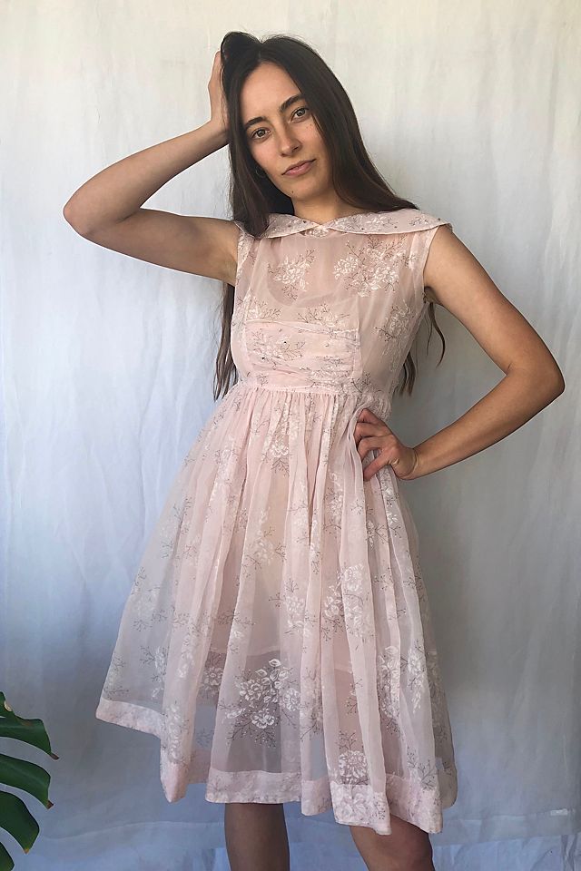 vintage sheer dress Ruffle Embroidered - S adorned with a delicate pink floral lace overlay 1960s Vintage Pale Pink Sheer