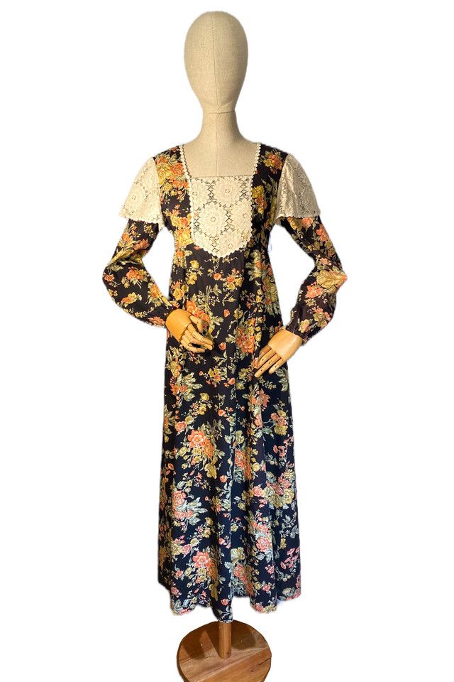 Well Worn Art Vintage 1970s Floral Lace Maxi Dress