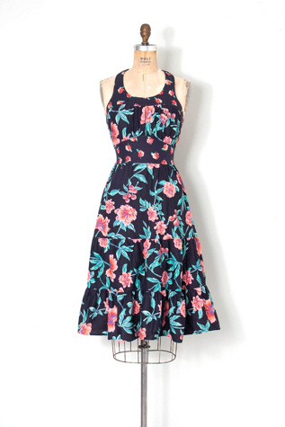 Vintage 1970s Black Floral & Fruit Print Halter Dress Selected by SwaneeGRACE