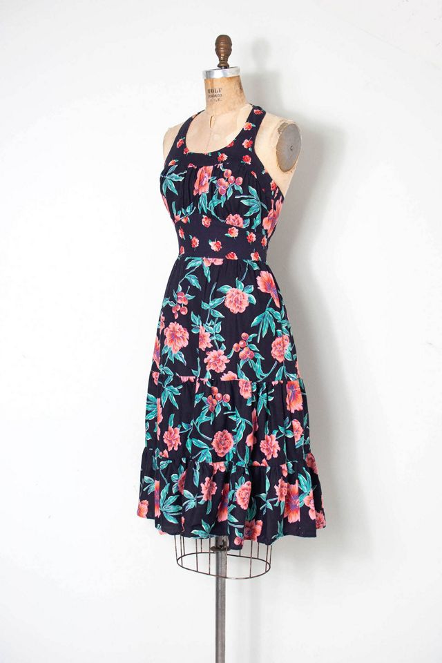 Vintage 1970s Black Floral & Fruit Print Halter Dress Selected by SwaneeGRACE #2