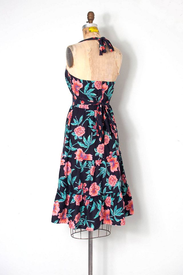 Vintage 1970s Black Floral & Fruit Print Halter Dress Selected by SwaneeGRACE #3