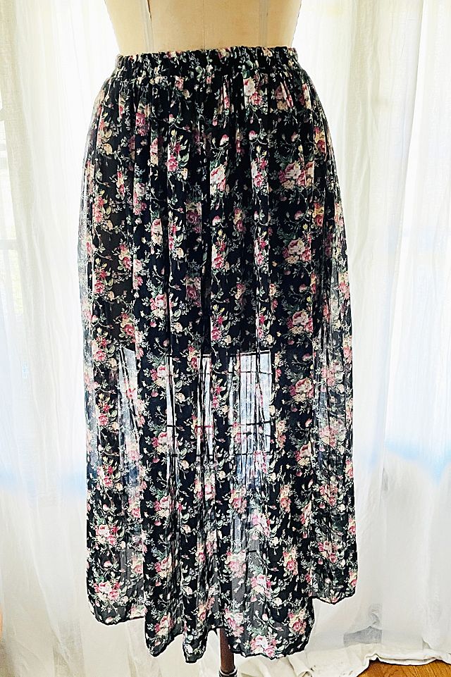 Vintage 1980's Black Romantic Floral Maxi Skirt Selected by ...
