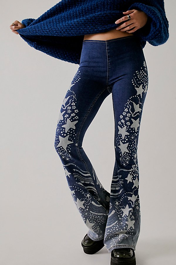 Anna Sui X Free People Fp X Anna Sui Penny Pull-on Printed Flare Jeans In Indigo Combo