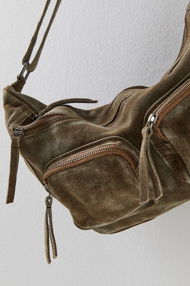 Single Sac Bretelle Suede Shoulder Bag In Army Suede