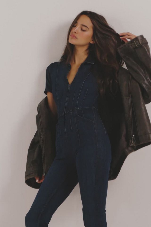 BLACK DENIM FLARED JUMPSUIT