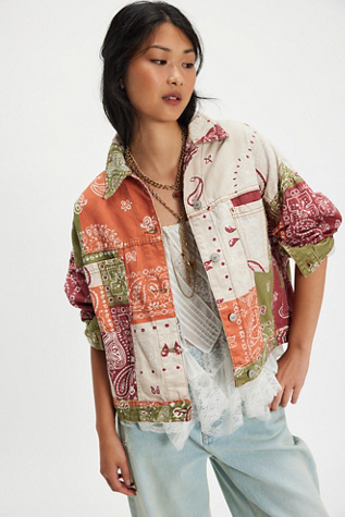 We The Free Opal Swing Printed Denim Jacket at Free People in Brown, Size: XL