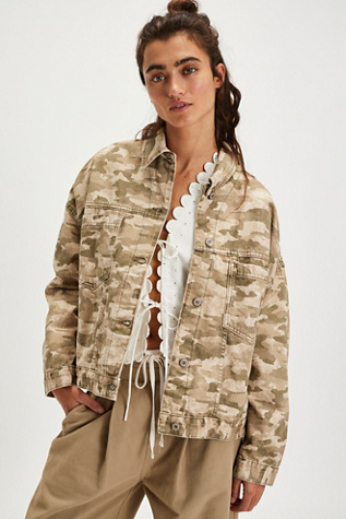 We The Free Opal Swing Printed Denim Jacket At Free People In Military, Size: Small