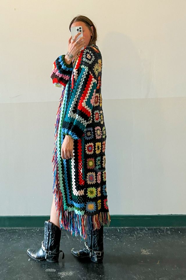 Magpie Vintage Upcycled Edie Long Crochet Tassel Cardigan Free People