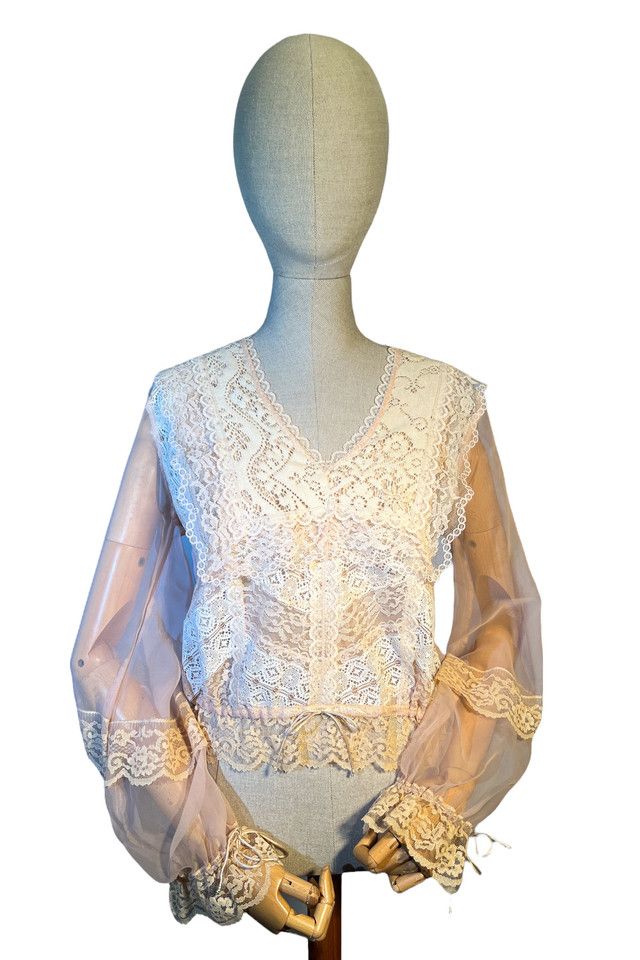 Well Worn Art Vintage 1970s Sheer Lace Peach Peasant Blouse | Free