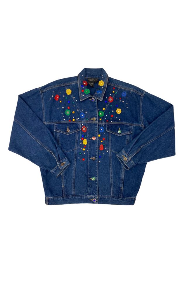 Up-cycled denim jacket Flower Of Life, embroidered boho hippie