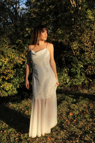 1990s Ivory Embroidered Cowl-Neck Sheer Mermaid Maxi Wedding Dress Selected By Moons + Junes Vintage