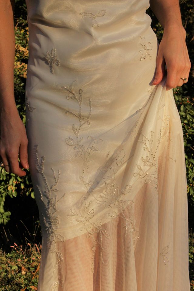 1990s Ivory Embroidered Cowl-Neck Sheer Mermaid Maxi Wedding Dress Selected By Moons + Junes Vintage #1