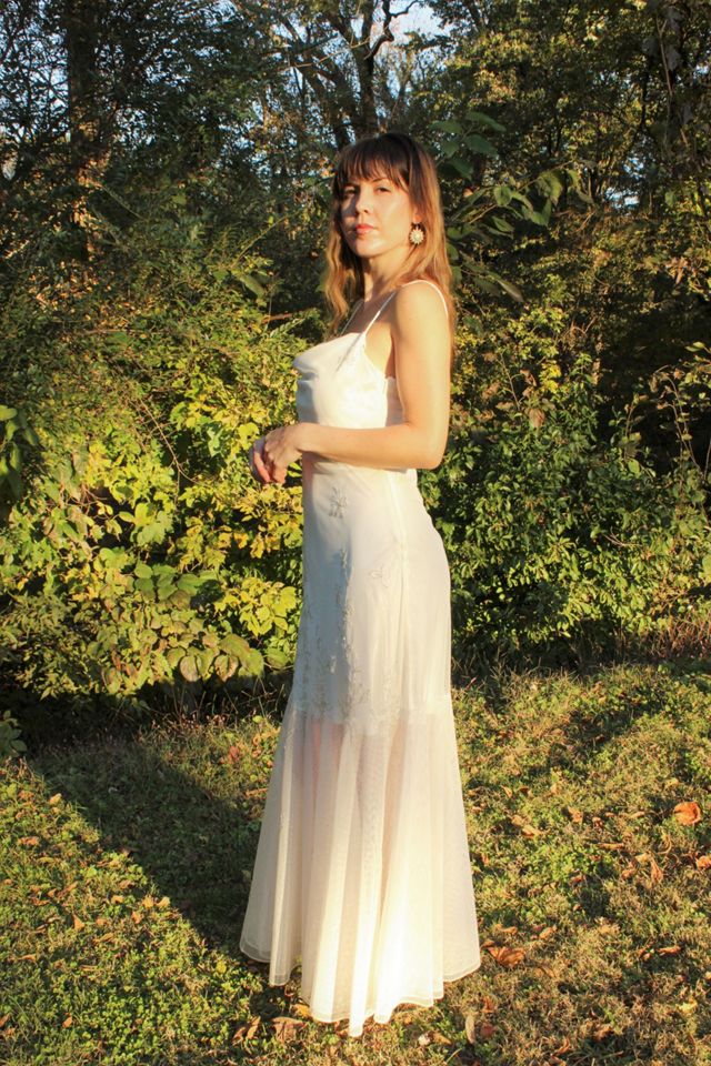 1990s Ivory Embroidered Cowl-Neck Sheer Mermaid Maxi Wedding Dress Selected By Moons + Junes Vintage #2
