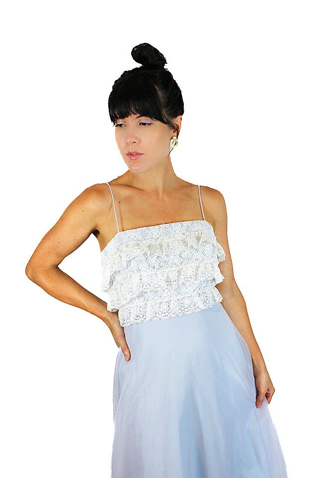 1960s Vintage Baby Blue Chiffon Frilly Lace Dress Selected By