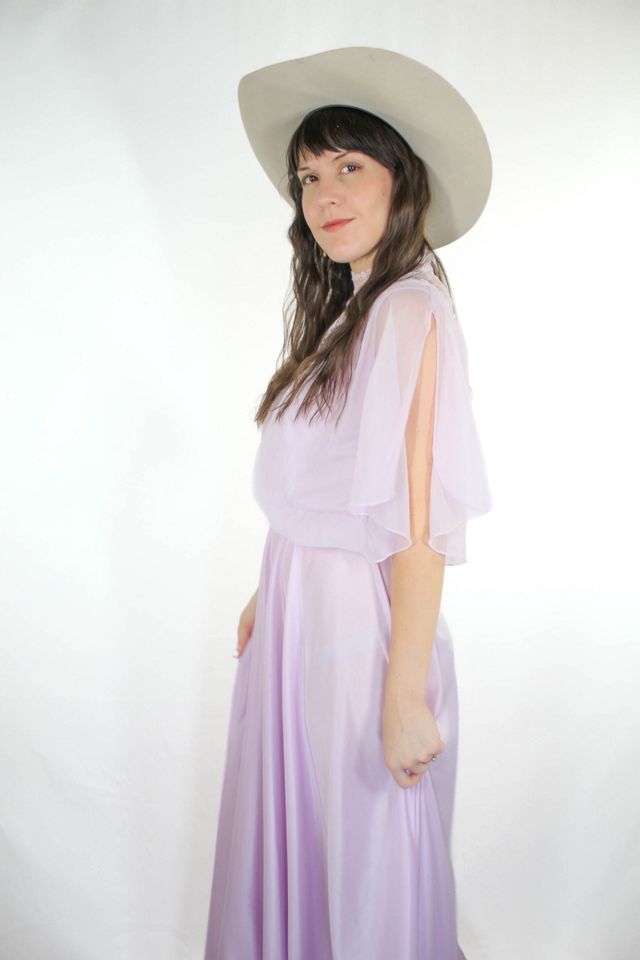 1970s Dreamy Violet Lace Collar Satiny Maxi Dress Selected By Moons + Junes Vintage #1