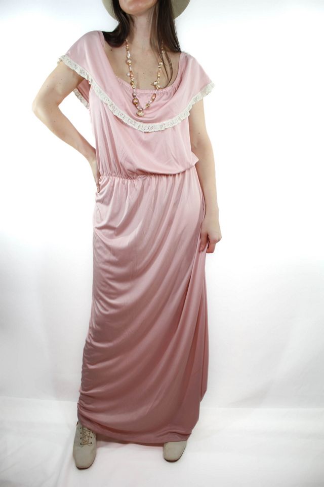 1970s Pink Lace Prairie Maxi Intimates Dress Selected By Moons + Junes Vintage #1