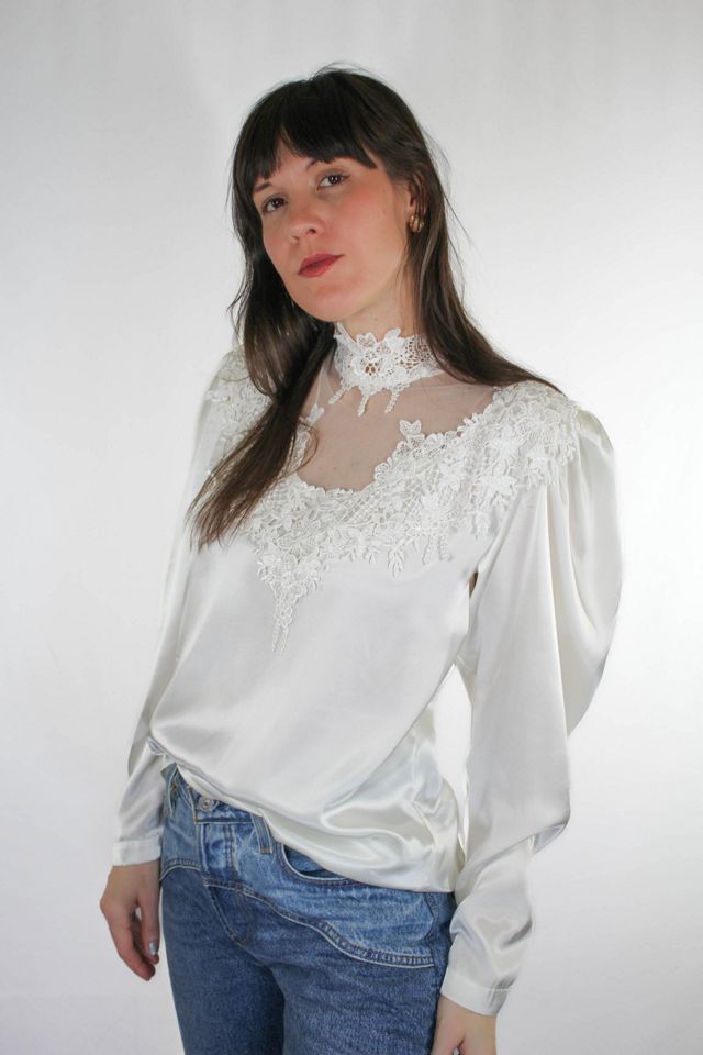 Vintage Silky White Lace Crochet Collar Blouse Selected By Moons + Junes Vintage #1