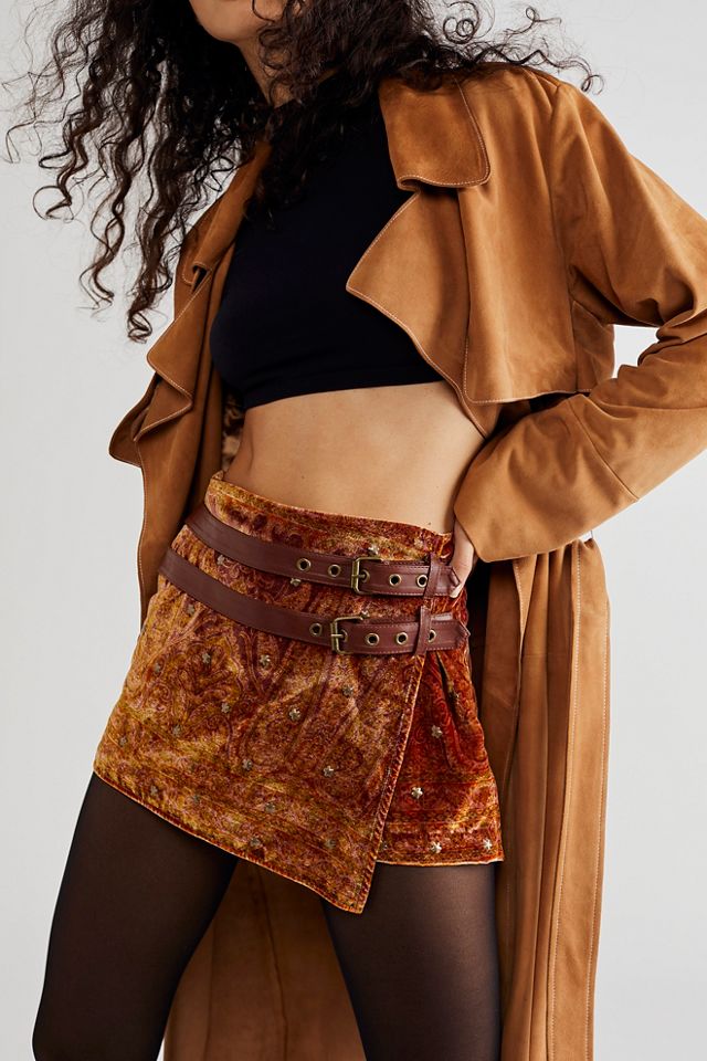 Free People Paisley Velvet Skort with Leather Belt (Size: 6