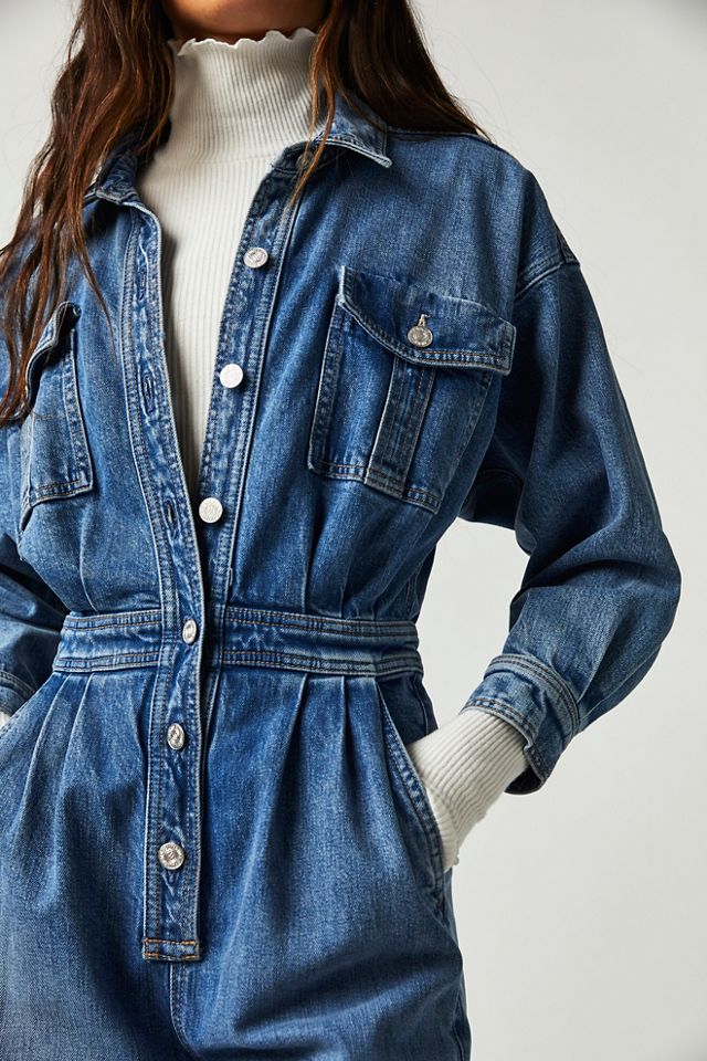 MOTHER The Pleated Prep Curbside denim jumpsuit