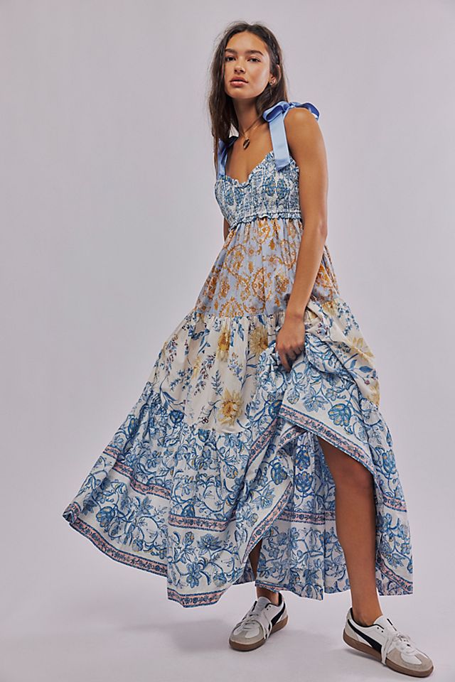 blue free people dress We The Papillon All Over Print Maxi Boho Tiered S The skirt has a flowy Cinderella Blue (+ Free People