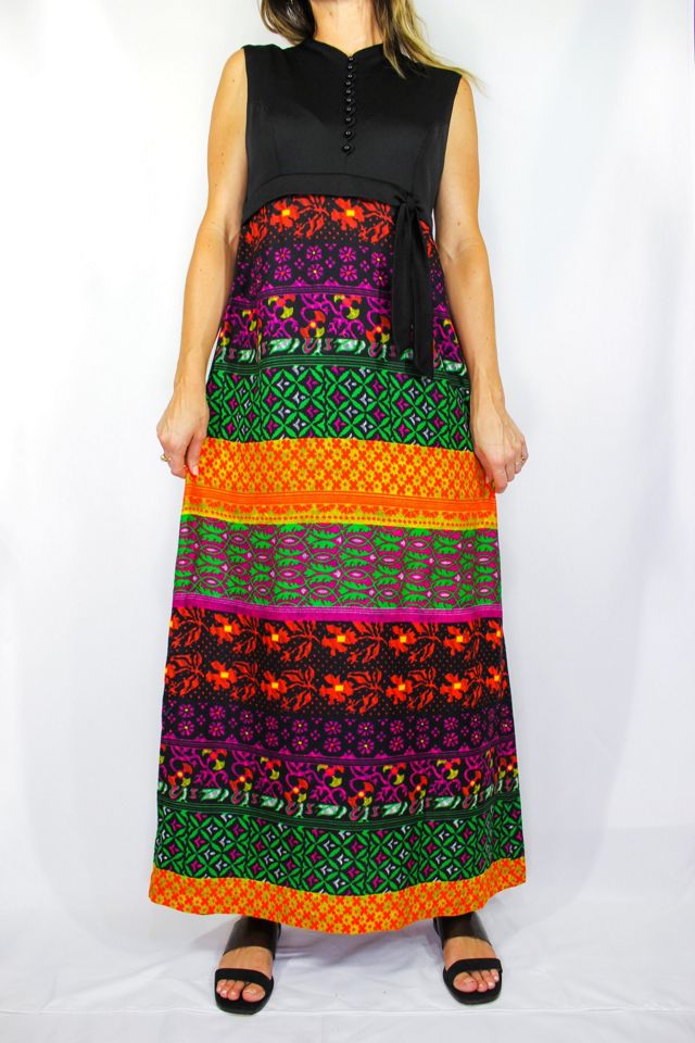 1970s Psychedelic Flower Print Black Maxi Dress Selected By Moons + Junes Vintage #1