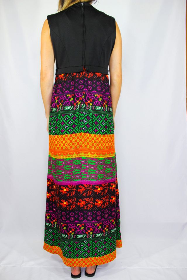 1970s Psychedelic Flower Print Black Maxi Dress Selected By Moons + Junes Vintage #2