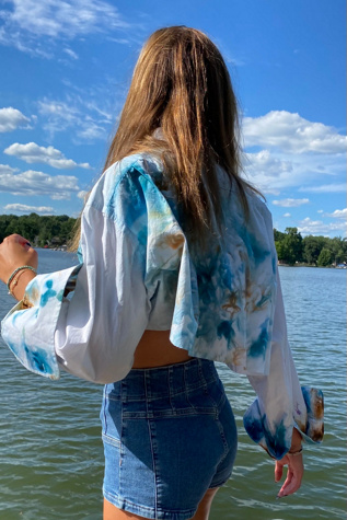 KA.TL.AK Wearable Art Blue Cropped Tuxedo Shirt