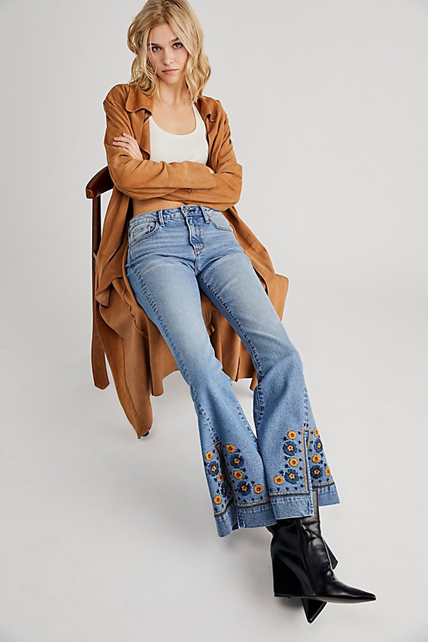 Driftwood Farrah Embroidered Slit Flare Jeans In Golden Gates
