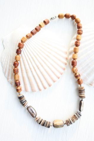 Vintage Wooden Shell Gemstone Beaded Necklace Selected By Moons + Junes Vintage