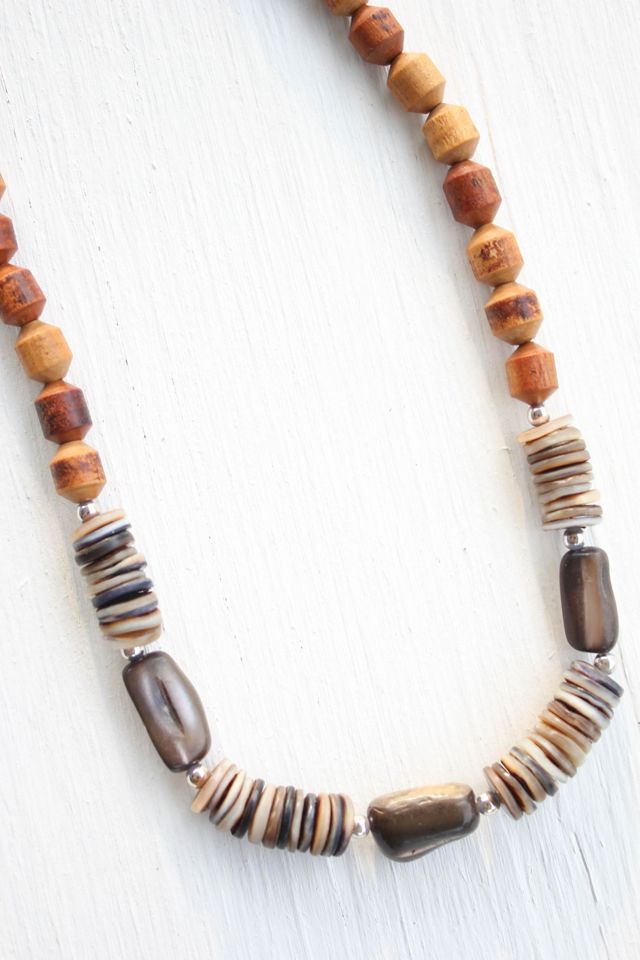 Vintage Wooden Shell Gemstone Beaded Necklace Selected By Moons + Junes Vintage #1