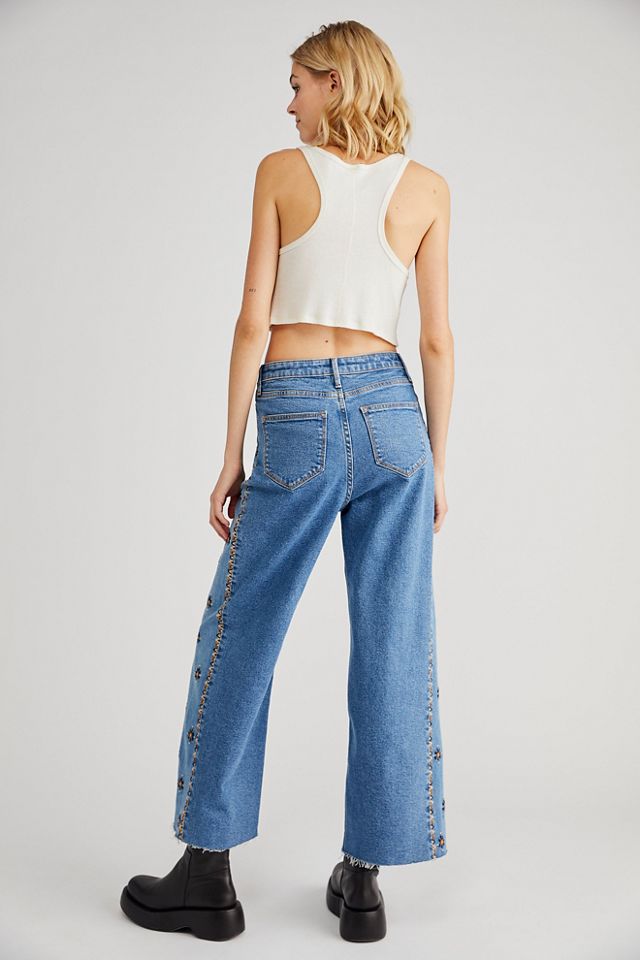 DRIFTWOOD Wide Leg Jeans CHARLEE Light Wash Embroidery