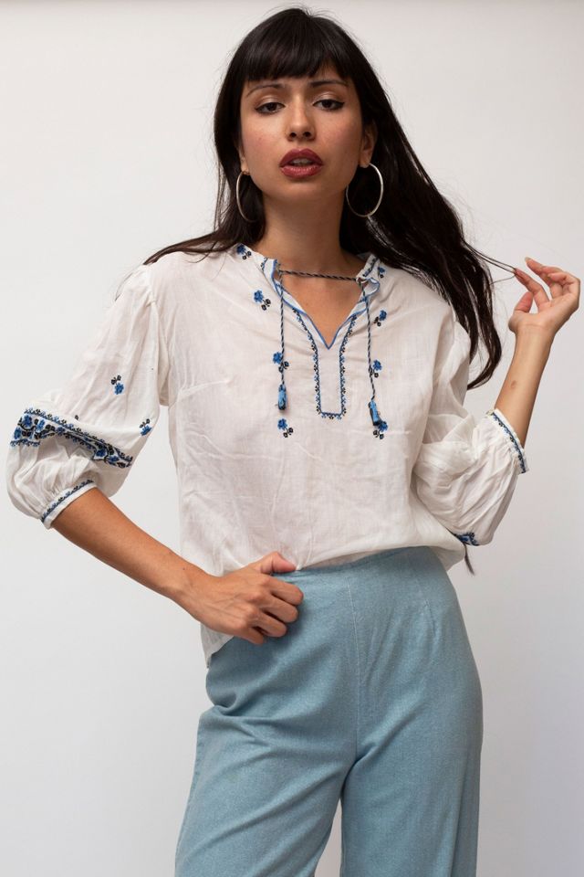 50s folk cropped blouse - hand-smocked neckline & wrists,  cutwork embroidery