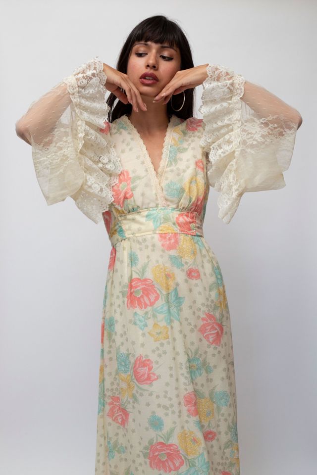 1960s/70s Romantic Sheer Lace Angel Sleeve Floral Prairie Dress Selected by  Ally Bird Vintage