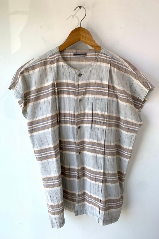 Vintage Issey Miyake Men Grey, Blue, and Brown Striped Top Selected by