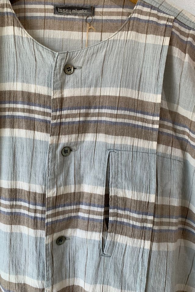 Vintage Issey Miyake Men Grey, Blue, and Brown Striped Top Selected by The  Curatorial Dept.