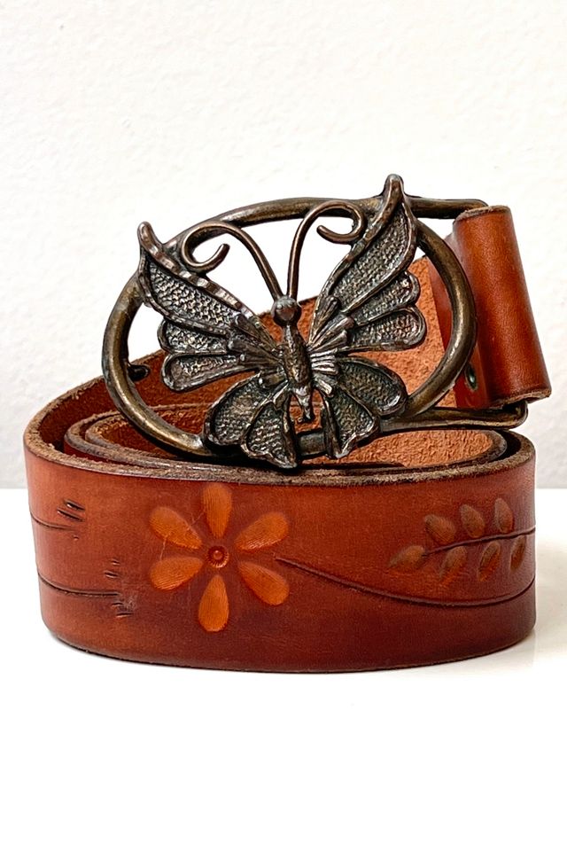 Vintage Butterfly Buckle Stamped Leather Belt Selected by Anna Corinna