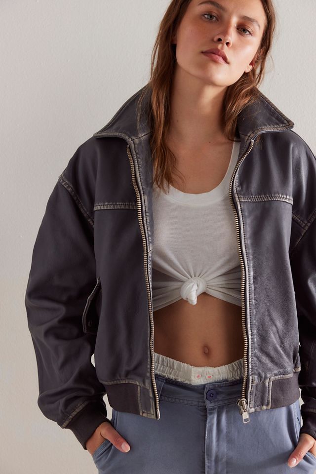 【OV】square l cropped leather jacket Oval Square Osrocker Leather Bomber Jacket | Free People