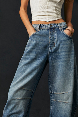 We The Free Good Luck Mid-Rise Barrel Jeans at Free People in Ultra Light Beam, Size: 32 S