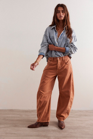 We The Free Good Luck Mid-Rise Barrel Jeans at Free People in Orange, Size: 31