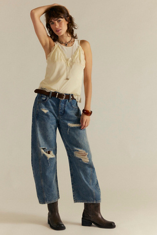 We The Free Good Luck Mid-Rise Barrel Jeans at Free People in Crystalline, Size: 31