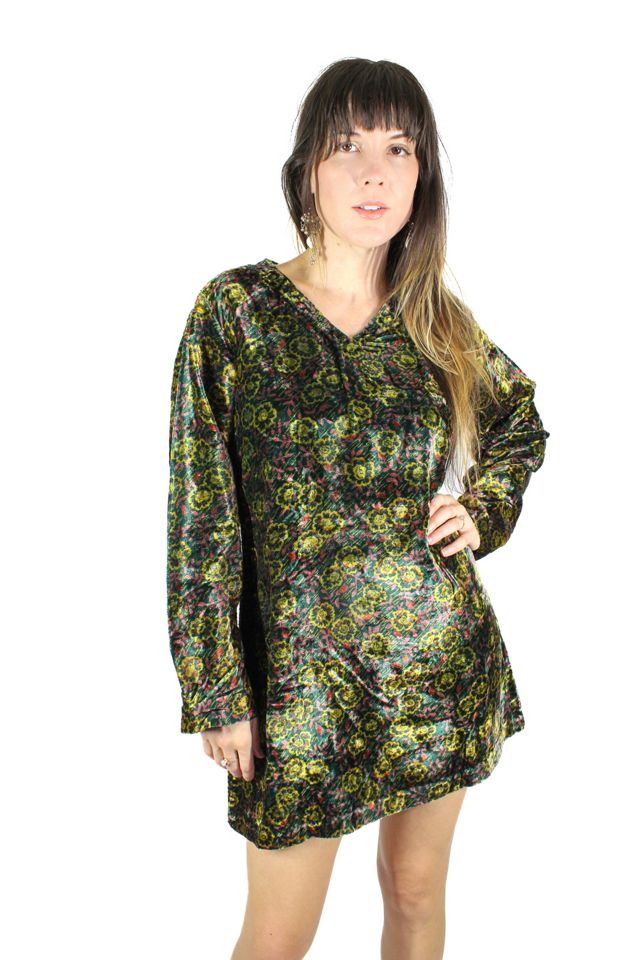 1960s Vintage Velvet Floral Print Mini Dress Selected By Moons +